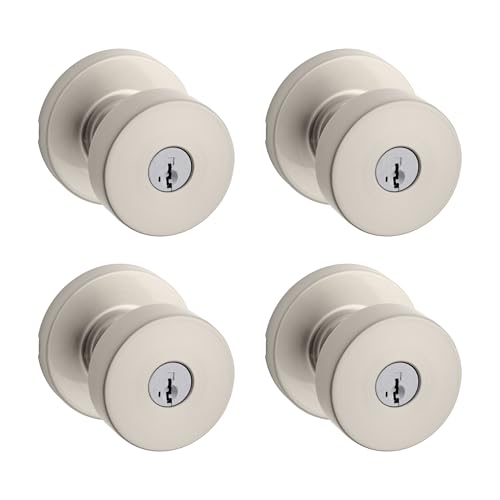Image of Kwikset Pismo Entry Door Knob with Lock and Key, Secure Keyed Handle Exterior, Front Entrance and Bedroom, Satin Nickel, 4 Pack, Pick Resistant SmartKey Rekey Security and Microban