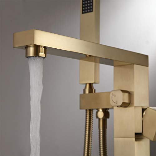 Jiayoujia Brushed Gold Freestanding Bathtub Faucet With Hand Shower Tub Filler Faucet Floor Mounted Single Handle Bath Filler Lead-Free Solid Brass #TOP2