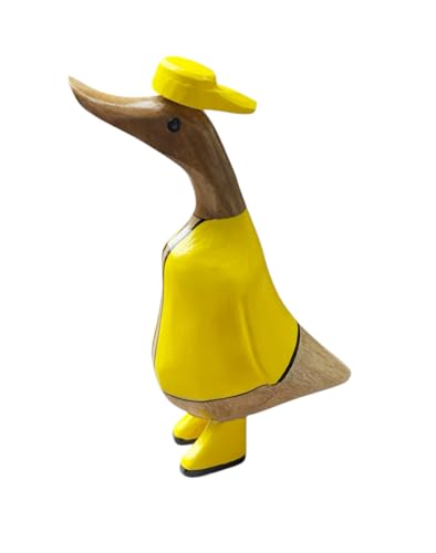 OMA Wooden Duck Figurine in Yellow Raincoat – Handcrafted Coastal and Nautical Decor for Shelf, Mantel or Gift Giving – A Playful Whimsical Accent