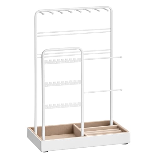 SONGMICS Jewelry Holder, Jewelry Organizer, Jewelry Display Stand with Metal Frame and Velvet Tray, Necklace Earring Bracelet Holder, for Studs, Rings, Christmas Gift, White UJJS021W01 Matte