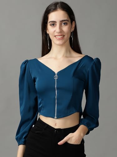 Image of SHOWOFFFF Women Solid Casual Top | V Neck Full Sleeves Crepe Top's for Womens | Regular Fit Regular Length Tops for Women's