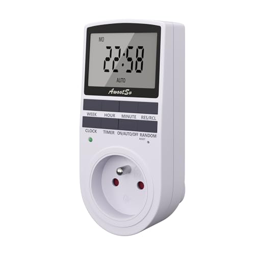 Awootsv Prise Programmable Digitale Minuterie Numérique Journalier/Hebdomadaire Programmateur Prise Electrique avec Ecran LCD et Mode Aléatoire (1 Pack)
