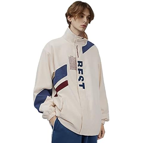 Aelfric Eden Herren Varsity Jacke Motorradjacken Vintage Brief Print Patchwork Jacke Beige Übergroße Übermäntel Cover