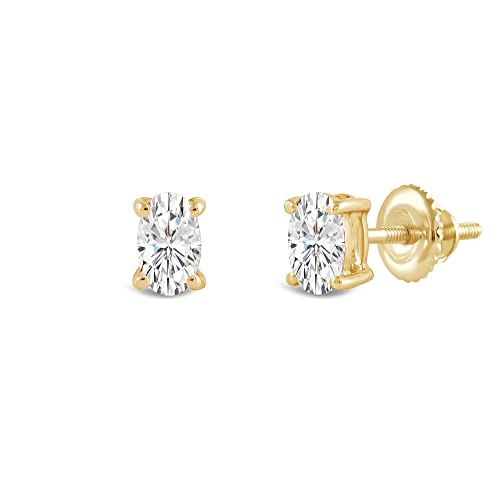 14K Solid Yellow Gold Solitaire Stud Earrings | Oval Cut Cubic Zirconia | Screw Back Posts | 0.5 Ctw | With Gift Box #TOP2