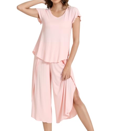 Image of NACHILA Women's Pajamas Set-Viscose Made from Bamboo,Short Sleeve Sleepwear Soft Pjs with Capri Pants Loose Loungewear