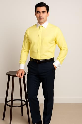 Image of Men's Premium Cotton Formal Dress Shirt - White Collar & French Cuffs with Cufflinks | Solid White, Micro Check & Striped for Office, Wedding