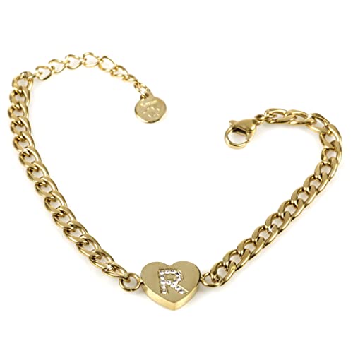 Flowers Bracciale Interamente in Acciaio Inossidabile colorazione Dorato o Argentato Con piccolo Cuore e Lettera Iniziale Nome ricoperta di brillantissimi zirconcini (Dorato, R)