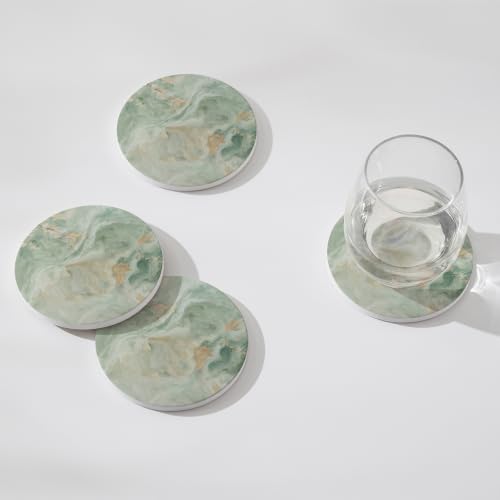 Image of Set of 6 Sage Green Marble Coasters with Holder,Absorbent Ceramic Coasters for Drinks, Coasters with Cork Backing for Table Protection, Housewarming Gifts for New Home