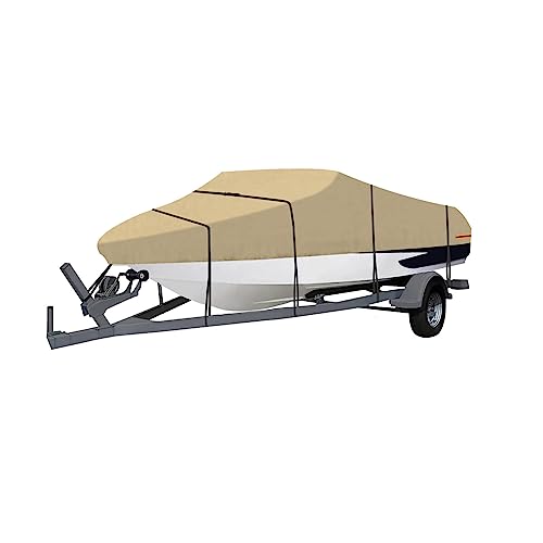 OutdoorLines Waterproof Boat Covers 14-16 Ft Long - Heavy Duty UV Resistant Trailerable Boat Covering for V-Hull,Tri-Hull, Bass, Runabout, Fish&Ski,Pro-Style Fishing Boat, Camel