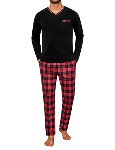 Demegimi Schlafanzug Herren Lang Pyjama Baumwolle Weihnachten Nachtwäsche Pyjamaset mit V-Ausschnitt Langarmshirt und Karierter Hose Warm Sleepwear