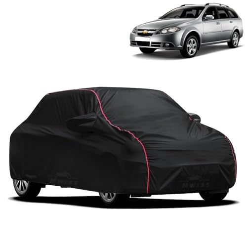 Image of Waterproof Car Cover for Chevrolet Optra SRV | All-Weather Protection, Dustproof & UV Resistant | Triple Stitched Mirror Pockets, Windproof Buckle Strap with Elastic Hem, Black-Red Piping