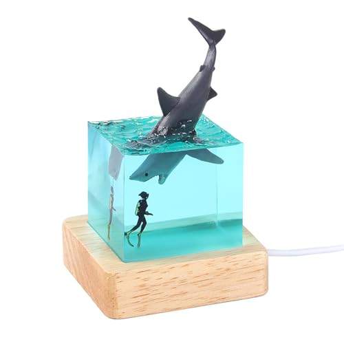 Tuzsocr 3D Epoxy Resin Lamp,LED Whale Night Light,Sea Diver and Shark Cube Lamp,Realistic Ocean Animals Sculpture,Whale Model with Woodern Base 70mm,Unique Style Gift for Ocean Lovers (Style 1 + Base)