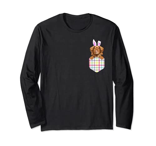 Easter Plaid Duck Tolling Retrievers Bunny Dog In Pocket Long Sleeve T-Shirt, Black