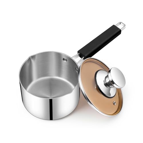 P&P CHEF 1 Qt Sauce Pan with Lid, Small Stainless Steel Sauce Pan, Tri-Ply Milk Induction Saucepan for Cooking Boiling Stewing, Heat-proof Handle & Visible Lid, Dishwasher Safe