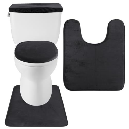 Framendino, 3 Piece Toilet Rug Set Velvet Toilet Lid Cover and Tank Cover With Memory Foam Bath Mat for Bathroom (Black)
