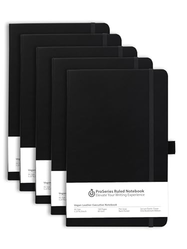 Image of DOODLE Pack of 5 A5 Executive PU Leather Hardbound Notebook Diary for Men & Women | Professional Office Journal with Elastic Band, Ribbon Bookmark & Pen Loop | 160 Pages, 80 GSM Premium Paper | Corporate, Business & Personal Use | Black