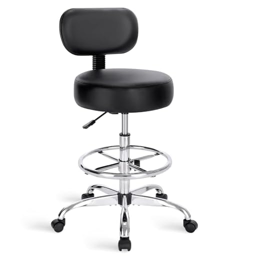 SUPERJARE Drafting Chair with Back, Adjustable Foot Rest Rolling Stool, Multi-Purpose Office Desk Chair, Thick Seat Cushion for Home Bar Kitchen Shop - Black
