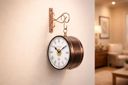 Image of Handcrafted Double Side Metal Analog Vintage Wall Clock | 1.5 Year Machine Warranty | 8 INCHES | 1 Side Number 1 Side Roman,Color Copper
