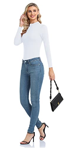 Basic Long Sleeve Going Out Top For Women Slim Fitted Mock Neck Thermal Shirt White Medium #TOP5