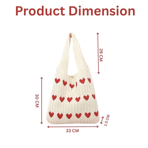 Image of Cotton Knitted Heart Pattern Tote Bag for Women - Large, Stylish & Durable Black Shoulder Handbag for Everyday Use, Travel, Shopping, Work & Beach (Pack of 1)