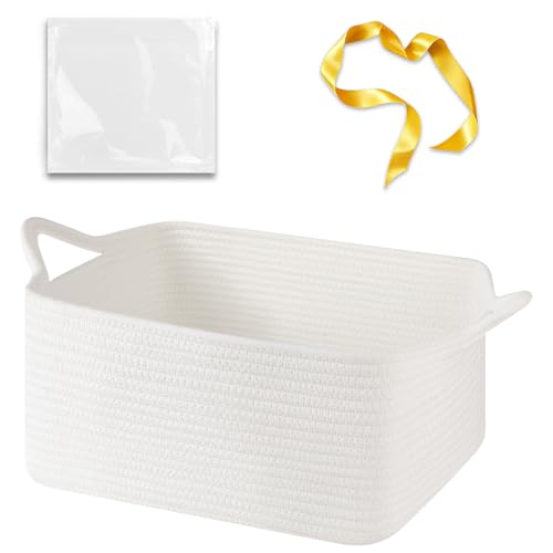 Image of OIASKET Empty Cotton Rope Gift Basket with Handles, 15.4 inchx11.4 inchx6.7 inch Decorative Woven Storage Basket with Gift Bag and Ribbon Set for Baby Shower, Toy Organizer for Kids, Dogs & Cats - Medium White