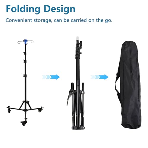 Verstellbarer Infusionsständer mit Rollen, Höhenverstellbar 90-190cm, Faltbare IV-Stange mit 4 Haken, 3 Netztaschen & 1 Aufbewahrungstasche, Tragbarer Mobiler IV-Ständer für Krankenhaus & Hauspflege