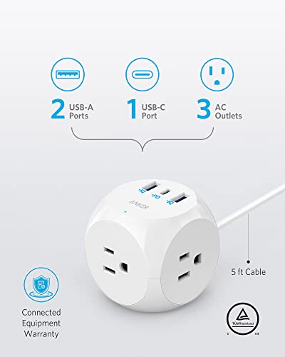 Anker Power Strip With Usb C, Powercube With 3 Outlets & 30W Usb C,5Ft Extension Cord, Power Delivery High-Speed Charging For Iphone 14/14Pro/13/12, For Dorm/Office,Cruise Travel Essential,Tuv Listed #TOP1