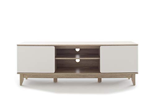 PEGANE Meuble TV décor Blanc et chêne - L160 x H55 x P40 cm