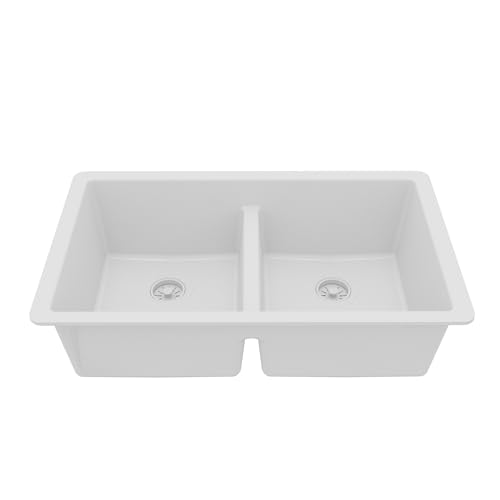 Karran 32' White Quartz Composite Undermount Double Bowl Kitchen Sink with Low Divider – 50/50 Equal Bowl, 535°F Heat Resistant, Sound Dampening, QU-810