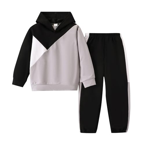 Image of Boys Clothes 2pcs Tween Boy Color Block Hoodie + Pants Little Boys Fall Winter Outfits Set, 4-12 Years