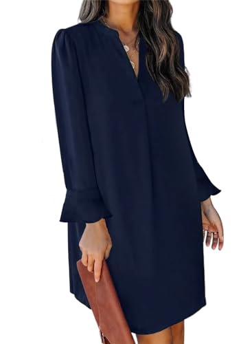 JOCAFIYE Damen V-Ausschnitt Langarm Frühling Herbst Mini Kleid Atmungsaktiv Weiche Haut Freundliche Bequeme Tunika Kleid Blau L JOCAFIYE Damen V-Ausschnitt Langarm Frühling Herbst Mini Kleid Atmungsaktiv Weiche Haut Freundliche Bequeme Tunika Kleid Blau L