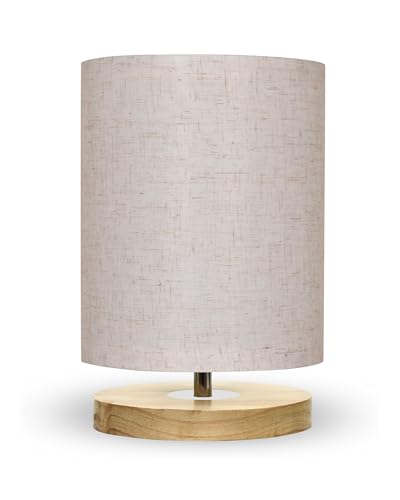 Image of Homesake Small Pine LED Table Lamp-Wooden Bedside Lamp Simple Bedroom Light Linen Shade Mini Desk Lamp Nightstand Lamps for Bedroom, Living Room, Gift, (Clip Khadi Shade)