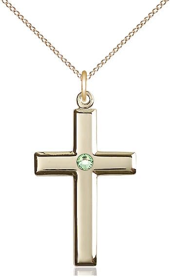 14kt Gold Filled Cross Pendant with a 3mm Faux Peridot Austrian Crystal stone on a 18 inch Gold Filled Light Curb Chain.