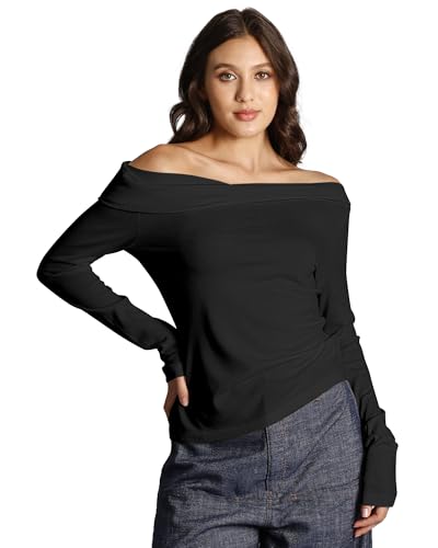 Women's Off One Shoulder Sweater Wool Blend Long Sleeve Lightweight Base Layer Tops2