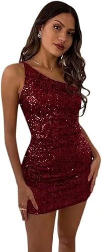 Image of Women's Bodycon Homecoming Dress for Juniors Sequin One Shoulder Backless Mini Cocktail Party Dress