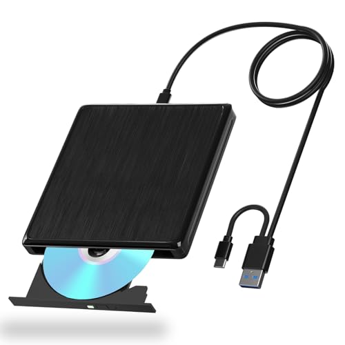 USB CD/DVD External Drive, USB 3.0 and Type-C External CD/DVD Drive for Laptop, CD ROM External Drive for PC with Extended Data Cable, Portable CD Burner DVD Reader for Laptop Windows Linux Mac OS