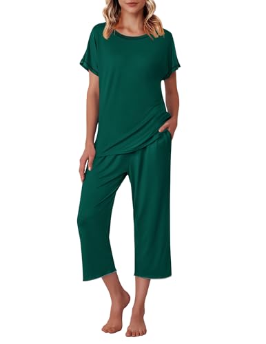 Image of Ekouaer Women's Capri Pajama Sets Print Short Sleeve Sleepwear Top and Capri Pants Soft Loungewear with Pocket