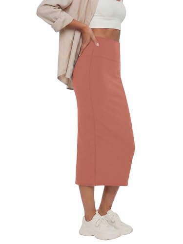 Image of Rooscier Women's High Waisted Pencil Midi Skirt | Stretchy Bodycon Knee Length Skirts with Back Slit