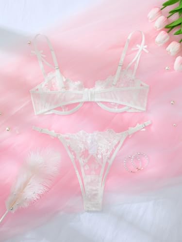 Image of Lilosy Sexy Underwire Cute Push Up Strappy Embroidered Mesh Sheer Lingerie Set See Through Panty Bra