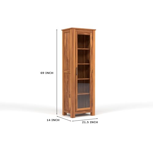 Image of Solid Sheesham Wood Bookshelf with Acrylic Glass Door | Rosewood Kitchen Cabinet with Storage Shelves for Dining Room & Office (A-Natural Finish)