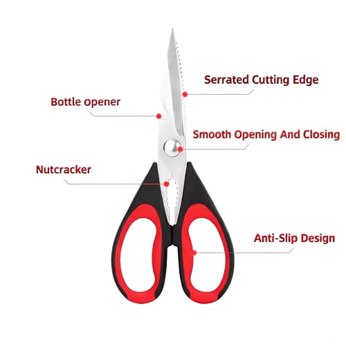Image of Kitchen Scissors, Heavy Duty Shears with Safety Cover, Soft Grip, for Meat, Poultry, Herbs Cutting, Bottle and Jar Opener (Red-grey-orange)