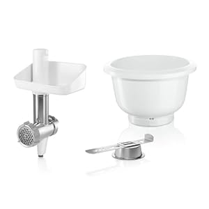 Bosch Zubehör-Set BakingSensation MUZ5BS1, Fleischwolf, Kunststoffschüssel, Spritzgebäck-Vorsatz, Loch-Scheibe, passend für Küchenmaschine Serie 4, vier Keks Formen, spülmaschinenfest, Edelstahl
