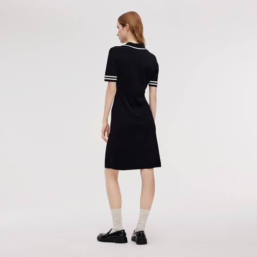 Women's Knit Mini Dress Lyocell Black White Contrast Trim Short Sleeve Dresses for Teachers Work 50s Sweater Dress4