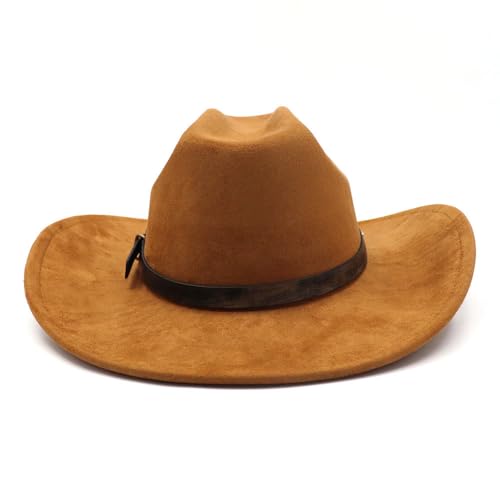Image of Western Suede Cowboy Hat for Women Men Wide Brim Classic Cowboy Cowgirl Hat with Buckle Belt Felt Fedora Hat