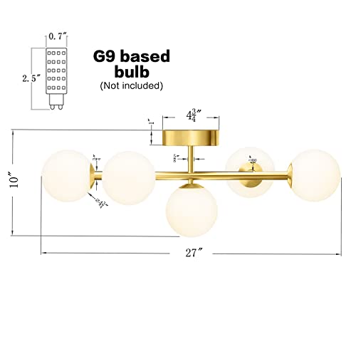 Image of Bathroom Vanity Lights, 5-Light Bathroom Light Fixtures, Mid Century Modern Brass Bathroom Light Ceiling Light, Wall Sconces Semi-Flush Mount Light Fixture with Milk Globe Glass, Brass Gold, G9 Base