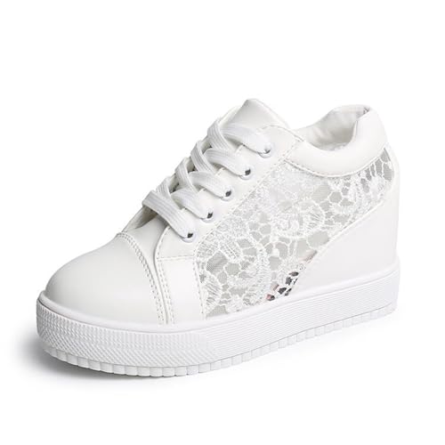 TOSOFT Baskets Blanches À Talons Compensés For Femmes Chaussures De Marche À Lacets Et À Plateforme Dissimulée Idéales For Les Mariages(White 1,38)