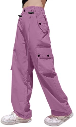Image of HENGAO Girls Cargo Pants Parachute Casual Jogger Y2K 5-14 Years | Kids Baggy pants Parachute, Drawstring, with Pockets, Elastic High Waist, Loose Trousers Streetwear