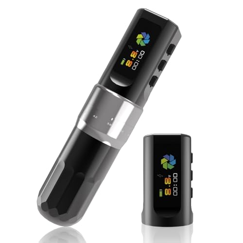 YILONG Wireless Tattoo Machine F3 Rotary Tattoo Pen Machine with 2PCS 2000mAh Batteries 6 Strokes Length Tattoo Battery Pen Coreless Motor LED Digital Display Tattoo Gun for Tattoo Artist (Silver)