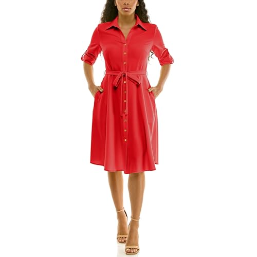 Image of Sharagano Women's Pleated Shirt Dress - 3 /4 Sleeve, V-Neck, Gold Buttons