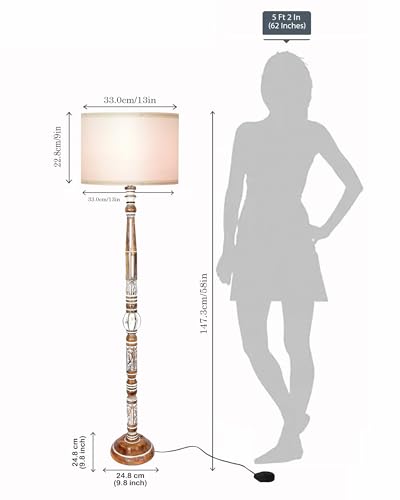 Image of Homesake Royal Carving Antique White Finish Wooden Floor Lamp for Living Room | Light Decoration for Home Corner Lamp for Living Room Bedroom Bedside | Standing Lamp | KD Off-White Drum Shade